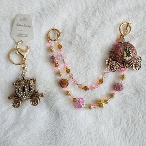 Gold and Pink Rhinestone Carriage Keychain And 2 Strand Bag Charm Chain Set